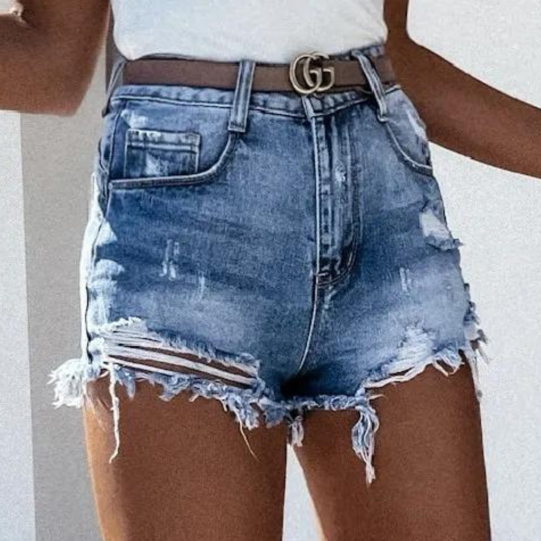 Denis - High-Waist Denim Shorts mit Woven Fransen und Vintage-Rissen