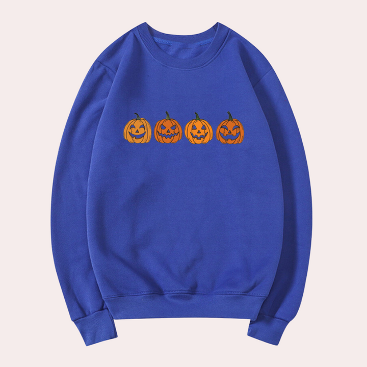 Afra – Rundhals-Halloween-Pullover mit Kürbismotiv für Damen