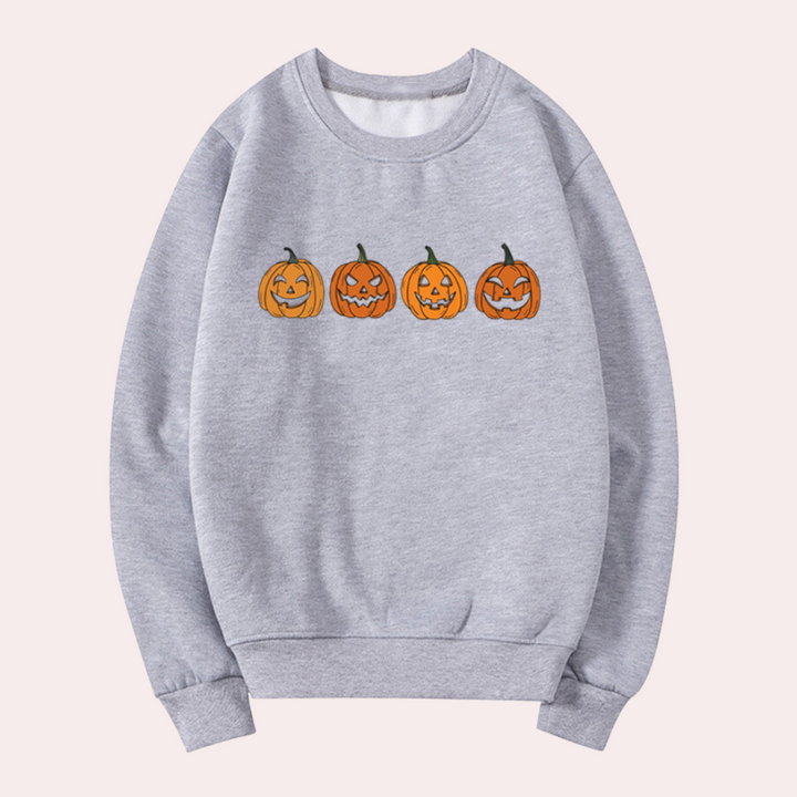 Afra – Rundhals-Halloween-Pullover mit Kürbismotiv für Damen