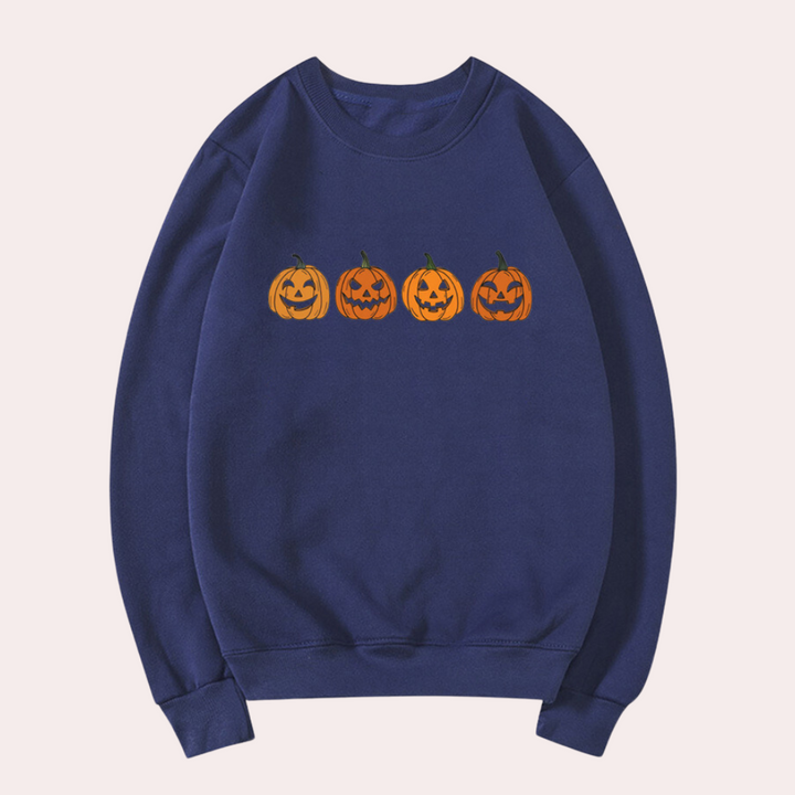 Afra – Rundhals-Halloween-Pullover mit Kürbismotiv für Damen