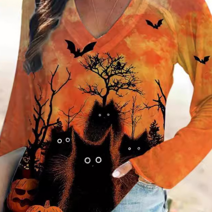 Rella - Lebhaftes V-Ausschnitt-Halloween-Damen-T-Shirt