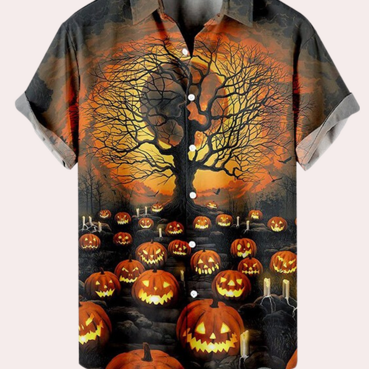 Vilmos - Herren Spooky Kürbisse und Baum Halloween Shirt