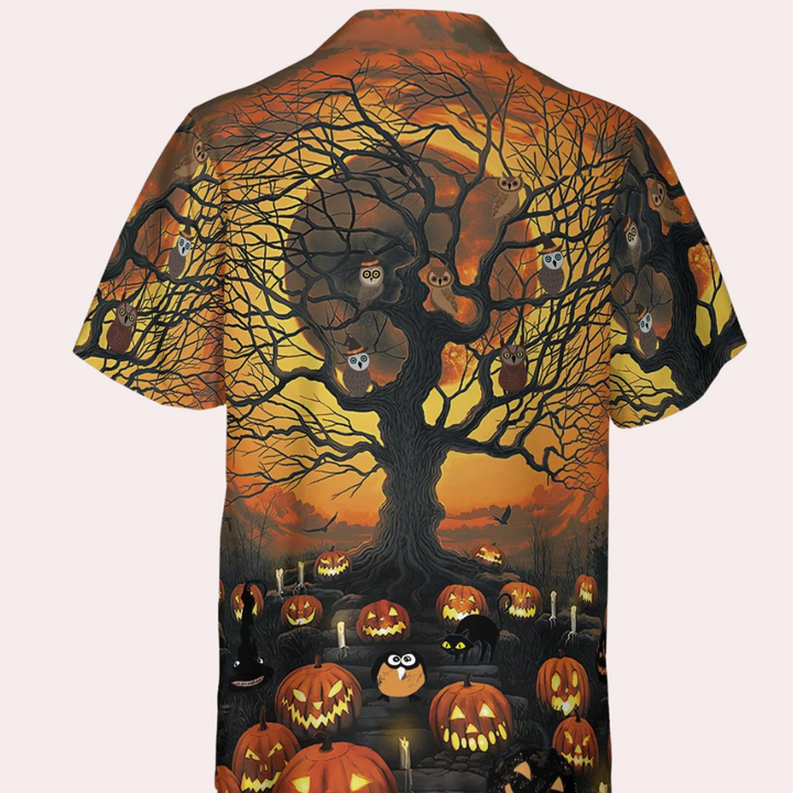 Vilmos - Herren Spooky Kürbisse und Baum Halloween Shirt